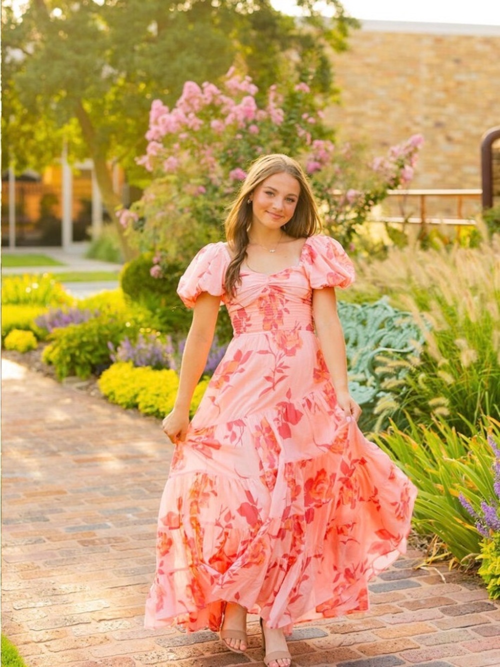 Free People Sun Drenched Pink Floral Puff-Sleeve Maxi Dress